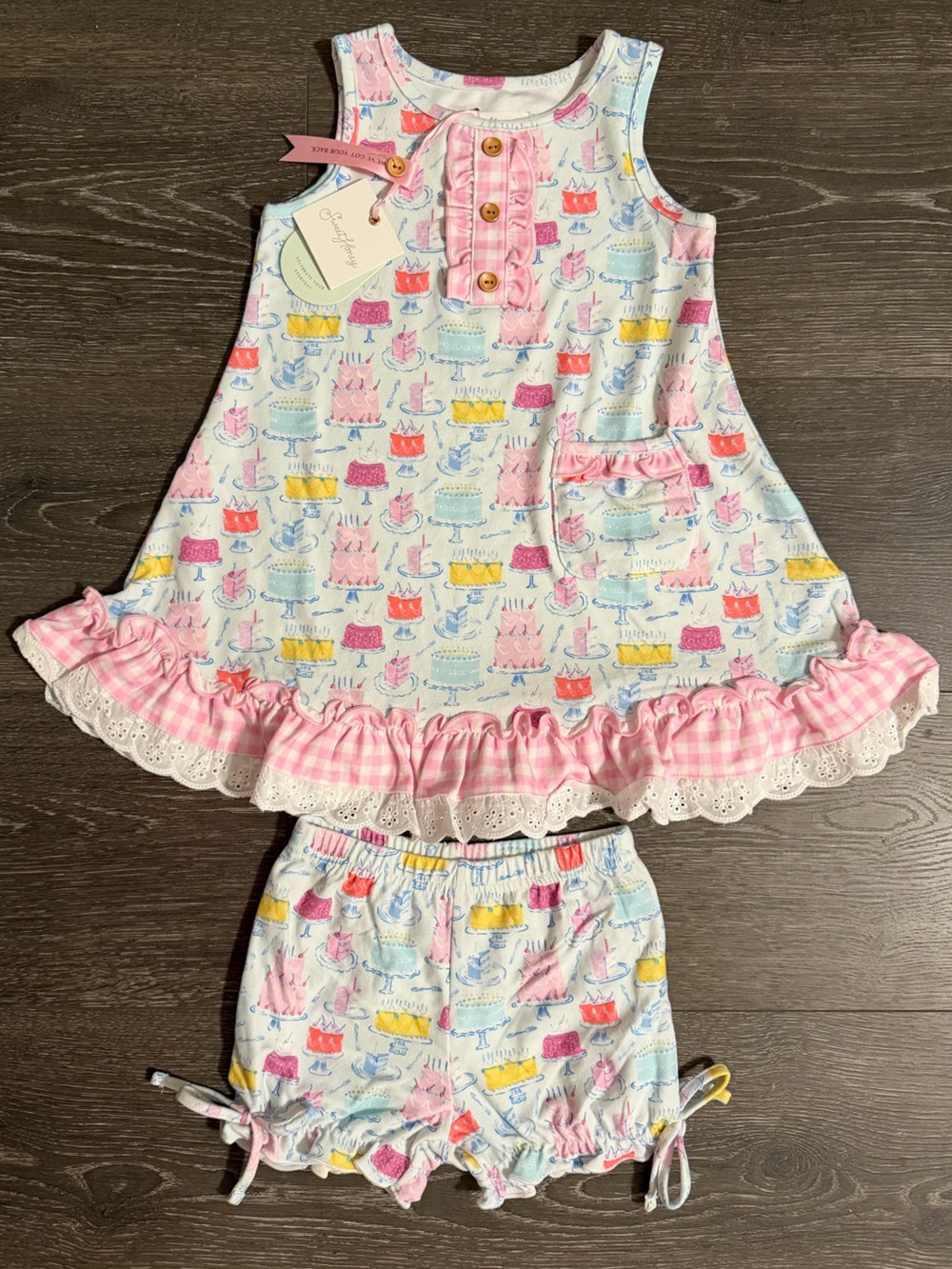 SweetHoney Pink Gingham & Multicolor Printed Birthday Cake Tunic Top w/shorts